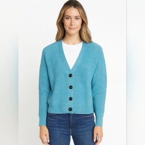 PURE Collection 100% Cashmere Teal Ribbed V-Neck Cardigan Size 2 Classic Cozy